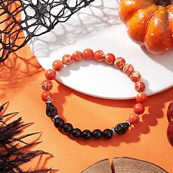 Оранжевый Браслет из синтетической императорской яшмы, бирюзы и расписного стекла с эластичными бусинами для женщин и мужчин, круглый и череп, оранжевые, внутренний диаметр: 2-3/8 дюйм (6 см)