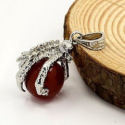 Carnelian Natural Red Agate Pendants, with Brass Findings, Talon with Round, Platinum Metal Color, Dark Red, 31x27x16mm, Hole: 5x9mm