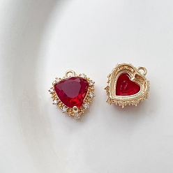 FireBrick Brass Cubic Zirconia Pendants, Heart Charm, Long-Lasting Real 18K Gold Plated, FireBrick, 17x15mm