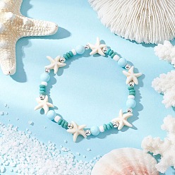 Морская звезда Браслеты из синтетической окрашенной бирюзы и натурального хаулита для женщин, с серебряным гальваническим покрытием из немагнитных синтетических гематитовых бусин, морская звезда, внутренний диаметр: 2-1/8 дюйм (5.5 см), звезды: 14x14x4.5~5.5 мм