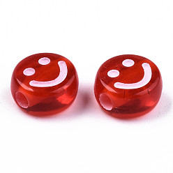 Mixed Color Transparent Acrylic Beads, Flat Round with White Smiling Face, Mixed Color, 10x5mm, Hole: 2mm, about 1500pcs/500g
