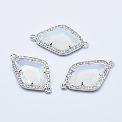 Floral White Brass Micro Pave Cubic Zirconia Links, with Glass, Faceted, Rhombus, Platinum, Floral White, 33x20x5mm, Hole: 1.6mm