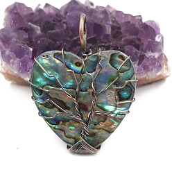 Red Copper Retro DIY Handmade Peach Heart Natural Abalone Shell Pendants, Copper Wire Wrapped Tree of Life Charms, Red Copper, 41x31mm