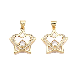 Настоящее золото 18K Латунные микропаве прозрачные подвески с фианитом, без кадмия и без свинца, с оболочкой, звезды и сердечки, реальный 18 k позолоченный, 21x19.5x4.5 мм, отверстие : 5x3.5 мм