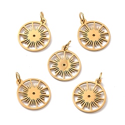 Golden 201 Stainless Steel Pendants, with Jump Ring, Flat Round with Sun, Golden, 17.5x15x1mm, Hole: 3mm, Jump Ring: 5x1mm