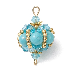 Синтетическая Бирюза Подвески-фонарики с круглыми и стеклянными бусинами из искусственной бирюзы, с обмоткой из медной проволоки, золотые, 28~29.5x18~19 мм, отверстие : 2 мм
