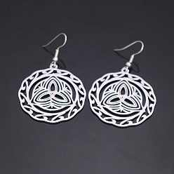 Stainless Steel Color 304 Stainless Steel Dangle Earrings for Women, Flat Round with Knot, Stainless Steel Color, 56x34.7mm