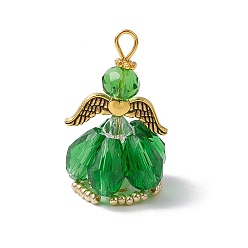Зеленый Граненые подвески стекла, ангельское очарование, с крылом из античного золотого сплава и золотой железной петлей, стеклянными жемчужными бусинами и стеклянными бусинами, зелёные, 31x20x20 мм, отверстие : 2 мм