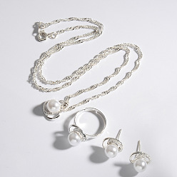 Серебро Овальные ожерелья с подвесками из сплава, серьги-гвоздики и комплекты колец для женщин, с круглыми пластиковыми искусственными жемчужинами, серебряные, 460 мм