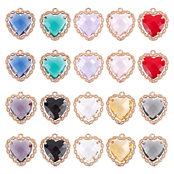 Mixed Color 20Pcs 10 Colors Glass Pendants, with Brass Open Back Settings, Faceted, Heart, Light Gold, Mixed Color, 18x16~17x5.5mm, Hole: 1.2mm, 2pcs/color
