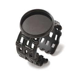 Black Woven Bezel 304 Stainless Steel Cuff Ring Components, Round Pad Ring Setting, Ion Plating(IP), Long-Lasting Plated, Black, 14mm,17mm, Tray Size: 12mm