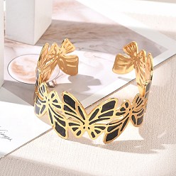 Golden 304 Stainless Steel Enamel Cuff Bangles for Women, Black Butterfly, Golden, Inner Diameter: 2.09 inch(5.3cm)