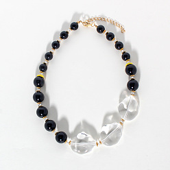 Черный Ожерелья из прозрачных стеклянных и пластиковых искусственных круглых жемчужин с градуированными бусинами, с концевыми цепями из сплава, золотые, чёрные, 18.50 дюйм (47 см)
