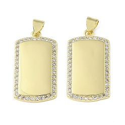 Настоящее золото 18K Латунные микропаве прозрачные подвески с фианитом, пустые прямоугольные подвески, реальный 18 k позолоченный, 27.5x15x2.5 мм, отверстие : 3.5 мм