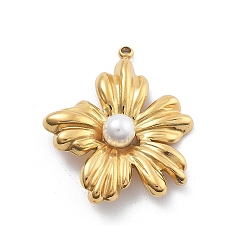 Настоящее золото 18K Абс пластмассовые жемчужные подвески, цветок, с 304 фурнитурой из нержавеющей стали, вакуумное покрытие pvd, реальный 18 k позолоченный, 27x22.5x6 мм, отверстие : 1.4 мм