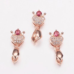 Розовый Позолоченный Долговечные латунные микропромывные кубические циркониевые льды, сердце, камелия, Настоящее розовое золото покрыто, 20 мм, отверстия: 2x6 мм, штифты: 0.6 мм