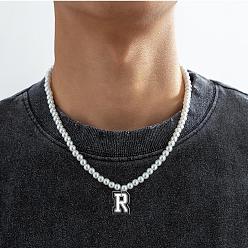 Letter R ПВХ кулон с инициалом, пластиковые жемчужины, круглые бусины, ожерелья для женщин и мужчин, платина, белые, Буква R, 17.72 дюйм (45 см)