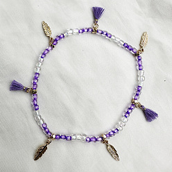 Темно-Фиолетовый Браслеты на ногу в стиле бохо с подвеской в виде пера, кисточкой из пластика, украшенные бисером, античное золото , темно-фиолетовый, 9-1/2 дюйм (240 мм)