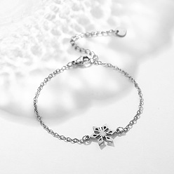 Stainless Steel Color 304 Stainless Steel Snowflake Link Bracelets, Cable Chain Bracelets for Women, Stainless Steel Color, 6.50 inch(16.5cm)