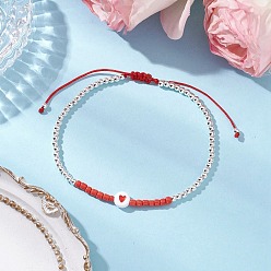 Красный Латунные круглые бусины плетеные браслеты из бисера для женщин, сердце, с вощеным шнуром и акриловыми и стеклянными бусинами, красные, внутренний диаметр: 2-1/8~3-1/8 дюйм (5.4~8 см)