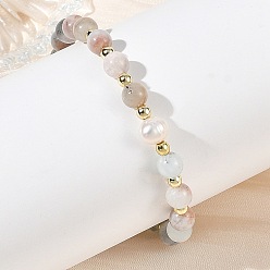 Aquamarine Natural Aquamarine Round Beaded Stretch Bracelets, with Natural Cultured Freshwater Pearl Beads, Golden, Inner Diameter: 2.28 inch(5.8cm)