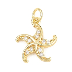 Настоящее золото 18K Латунные микропаве прозрачные подвески с фианитом, прелести морская звезда, без кадмия и без свинца, реальный 18 k позолоченный, 16x14x3 мм, отверстие : 3 мм