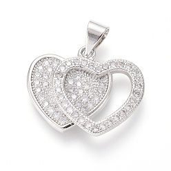 Platinum Brass Micro Pave Cubic Zirconia Pendants, Heart with Heart, Clear, Platinum, 16x19.5x3mm, Hole: 5x3.5mm
