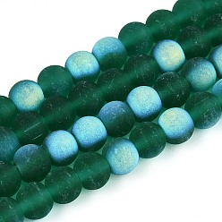чирок Матовые прозрачные стеклянные бусины, круглые, с половиным покрытием, с покрытием AB цвета, зелено-синие, 6~6.5 мм, отверстие : 0.9 мм, около 67~70 шт / нитка, 14.57~15.16'' (37~38.5 см)
