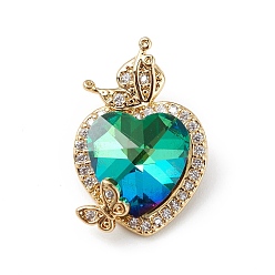 Dark Turquoise Real 18K Gold Plated Rack Plating Brass Micro Pave Clear Cubic Zirconia Pendants, with Glass, Long-Lasting Plated, Cadmium Free & Lead Free, Heart & Butterfly Charm, Dark Turquoise, 23x15x9mm, Hole: 5x2.5mm
