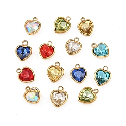 Сердце Стеклянные прелести, с 201 установками из нержавеющей стали, граненые, разноцветные, ионное покрытие (ip), реальный 18 k позолоченный, сердце, 8.5x6.5x3.5 мм, отверстие : 1 мм