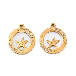 Oro Tema oceánico 304 Colgantes de acero inoxidable, concha natural y diamantes de imitación, plano y redondo con estrellas de mar, revestimiento de iones (ip), larga duración plateado, dorado, 17.5x15x2 mm, agujero: 1.5 mm