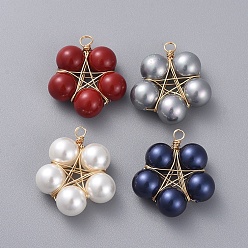 Mixed Color Shell Pearl Pendants, with Golden Plated Copper Wire, Flower, Mixed Color, 24x22x8mm, Hole: 2.3mm