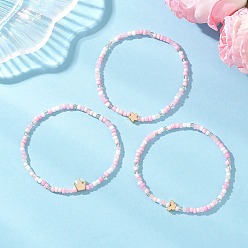 Pink 3шт. браслеты из стеклянного бисера, эластичные, Браслеты из латунных бусин в виде короны, цветка и бабочки., розовые, внутренний диаметр: 2.15~2.19 дюйм (5.45~5.55 см)