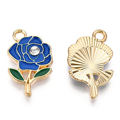 Bleu Pendentifs en alliage de barillet, avec l'émail et strass, sans cadmium et sans nickel et sans plomb, fleur, or et de lumière, bleu, 18.5x11.5x2.5mm, Trou: 1.8mm