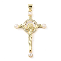 Cross Латунные микропаве прозрачные подвески с фианитом, без кадмия и без свинца, с ABS имитации жемчуга, реальный 18 k позолоченный, крестик, 43.5x27.5x5 мм, отверстие : 3.5x4 мм