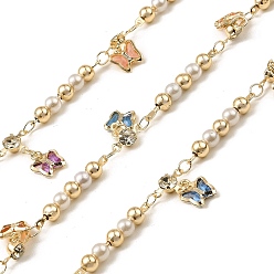 Light Gold Rack Plating Brass Link Chains, with ABS Plastic Imitation Pearl and Butterfly Glass Charms, Long-Lasting Plated, Soldered, with Spool, Light Gold, 23.5x4mm, about 32.81 Feet(10m)/Roll