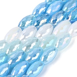 Light Sky Blue Electroplate Mixed Styles Glass Beads Strands, Rice, Faceted, Light Sky Blue, 9.5~10.5x6~6.5mm, Hole: 1~1.4mm, about 44~45pcs/strand, 17.52~17.91 inch(44.5~45.5cm)