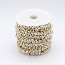 Golden Handmade Imitation Pearl ABS Beaded Chains, Soldered, with Spool, with Brass Rack Plating Findings, Golden, 7x3mm, about 82.02 Feet(25m)/roll
