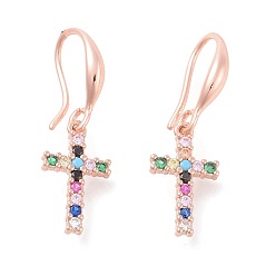 Rose Gold Brass Micro Pave Cubic Zirconia Dangle Earrings, Cross, Colorful, Rose Gold, 29mm, Pin: 1mm
