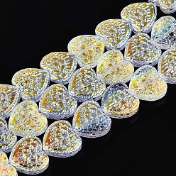 Прозрачный Гальванизируйте прозрачное стекло бисер нитей, с половиным покрытием, Сердце со цветками , прозрачные, 17~17.5x17.5~18x7~8 мм, отверстие : 1 мм, около 40 шт / нитка, 25.20 дюйм (64 см)