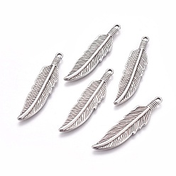 Antique Silver Tibetan Style Alloy Charms, Lead Free & Cadmium Free, Feather, Antique Silver, 42x10x2mm, Hole: 2mm
