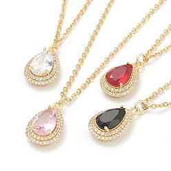 Mixed Color Brass Micro Pave Cubic Zirconia Pendant Necklaces, with Rhinestone and 304 Stainless Steel Cable Chains, Teardrop, Golden, Mixed Color, 17.52 inch(44.5cm)