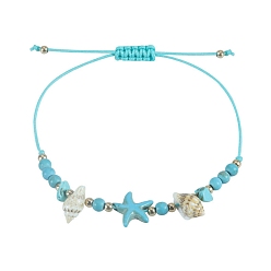 Голубой Летние пляжные окрашенные синтетические бирюзовые морские звезды, плетеные браслеты из полиэстера с бусинами, регулируемые браслеты в форме ракушки в стиле бохо для женщин и мужчин, голубой, периметр: 3-3/8~11-3/4 дюйм (8.5~30 см)