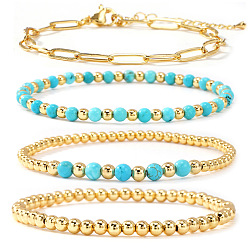 (52) Непрозрачная лаванда 4 шт. наборы браслетов в богемном стиле, Круглые эластичные браслеты из латуни и синтетических бирюзовых бусин., латунные браслеты скрепки, разноцветные, 6.69~6.89 дюйм (17~17.5 см)