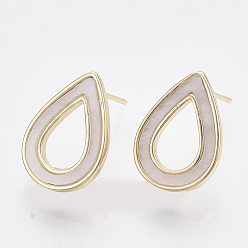 Real 18K Gold Plated Brass Stud Earring Findings, with Shell and Loop, Nickel Free, Teardrop, Creamy White, Real 18K Gold Plated, 15.5x11mm, Hole: 0.9mm, Pin: 0.7mm