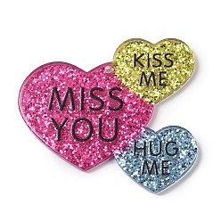 (52) Непрозрачная лаванда Подвески из непрозрачного акрила с принтом ко дню святого валентина, тройное сердце со словами скучаю по тебе, обнимаю и целую меня, с блестка, разноцветные, 35.5x39.5x2.5 мм, отверстие : 1.6 мм