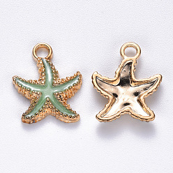 Pale Green Alloy Enamel Pendants, Starfish, Light Gold, Pale Green, 18x15x3mm, Hole: 2.5mm