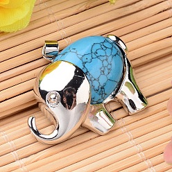 Синтетическая Бирюза Окрашенная и синтетические бирюзовые подвески, с латунной фурнитурой платинового цвета, слон, 29x38x10 мм, отверстие : 5x3.5 мм