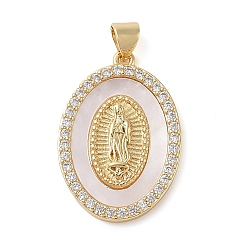 Oval Латунные микро проложить кубического циркония подвески, без кадмия и без свинца, с подвесками из ракушек, Дева Мария, реальный 18 k позолоченный, овальные, 27.5x19x3 мм, отверстие : 3.5x4 мм