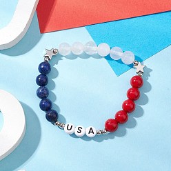 Смешанные камни Браслеты из круглых бусин из натурального окрашенного нефрита Машан, лазурита и кварца для женщин и мужчин, плоский раунд со словом США, с акриловым шарик, внутренний диаметр: 2-1/8 дюйм (5.5 см)